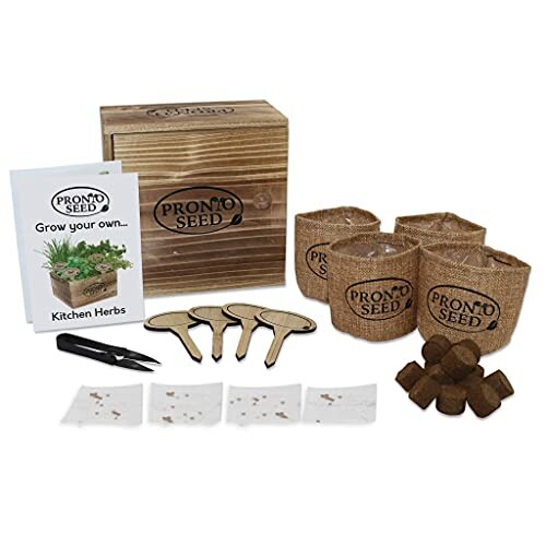 Complete kitchen herb garden kit with pots, soil, seeds, and tools.