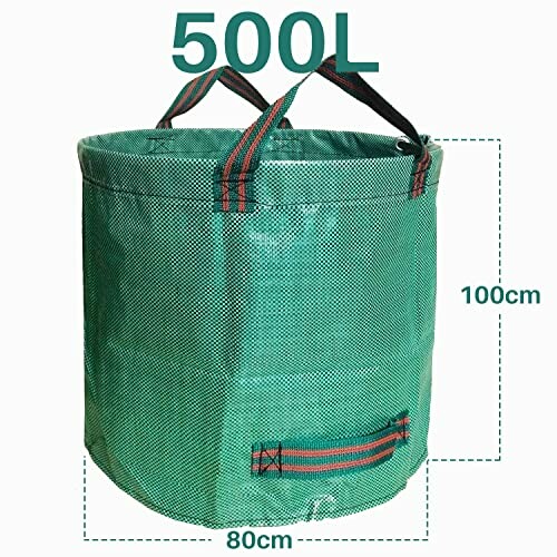 Large 500L green garden waste bag with handles and dimensions 100cm by 80cm.