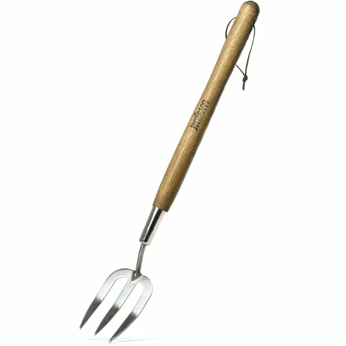 Long handle garden fork with wooden grip.