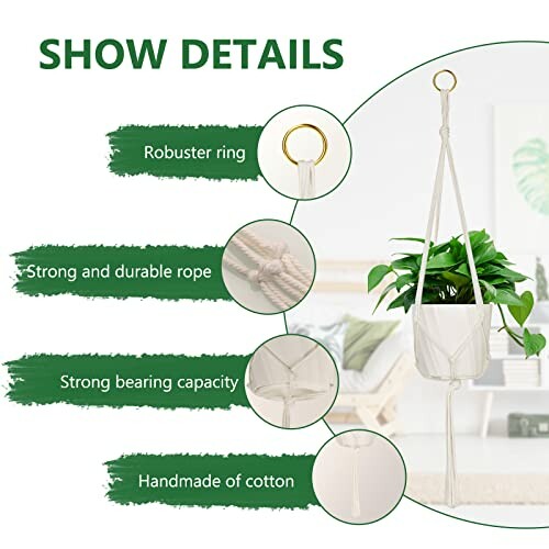 Macrame plant hanger with robust ring, durable rope, strong capacity, handmade cotton.