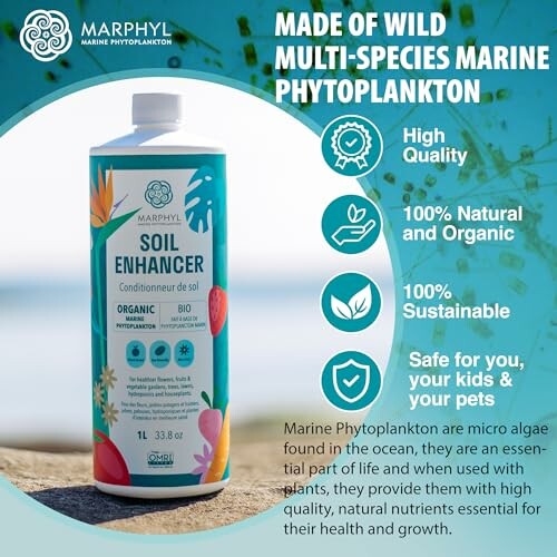 Marine phytoplankton soil enhancer bottle with benefits listed.