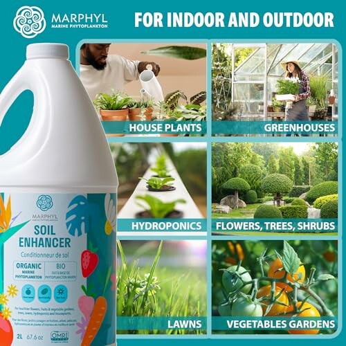 Marphyl soil enhancer for indoor and outdoor use in various plant settings.