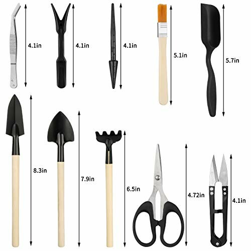 Mini garden tool set including spades, rake, scissors, brush, and tweezers.