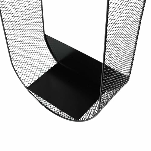 Black metal mesh basket with open design.