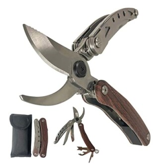 Multifunctional garden shears with a wooden handle and additional tools.