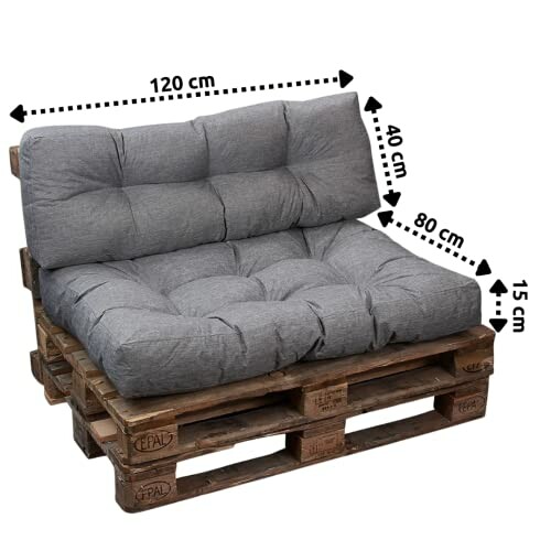 Wooden pallet sofa with gray cushions and measurement indicators.