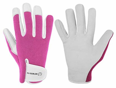 Pink and white gardening gloves with Velcro strap