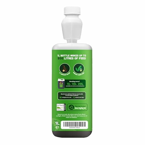 Green bottle of plant nutrient solution with instructions and capacity details.