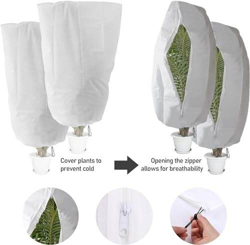 Plant covers for cold protection with zipper opening for breathability.