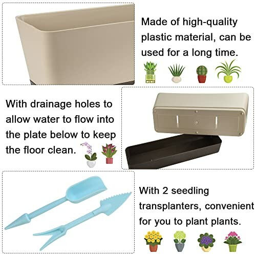 Plastic planter set with drainage holes and seedling transplanters.