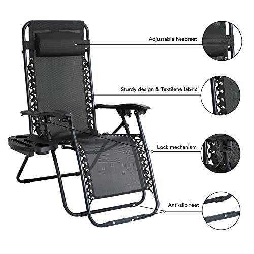 Black reclining lounge chair with adjustable headrest, sturdy Textilene fabric, lock mechanism, and anti-slip feet.