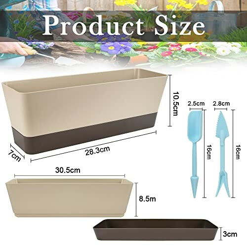 Dimensions of a rectangular planter with gardening tools.