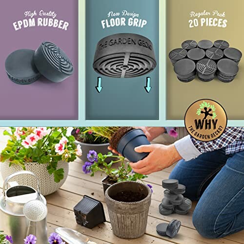 Collage showing rubber feet with EPDM rubber, floor grip design, and a gardener using them on pots.