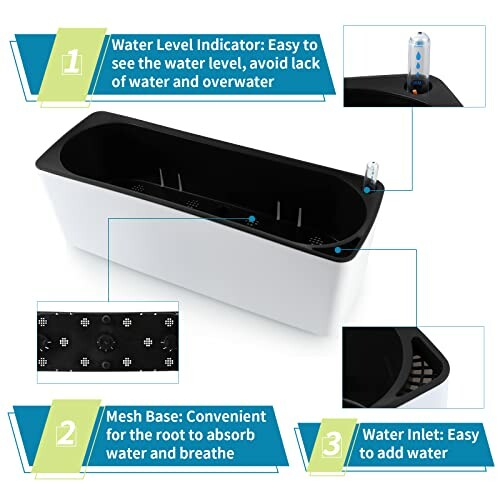 Diagram of a self-watering planter with water level indicator, mesh base, and water inlet.