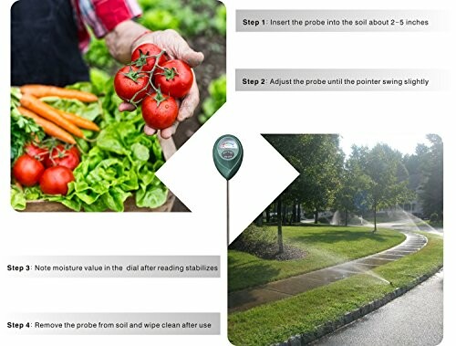 Instructions for using a soil moisture meter with images of vegetables and a lawn.