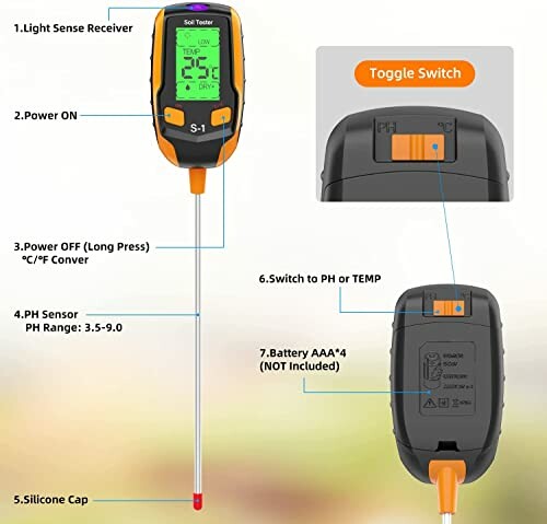 Digital soil pH meter with display and controls labeled.