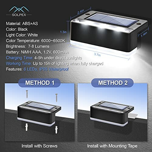 Solar deck light with installation methods and specifications.