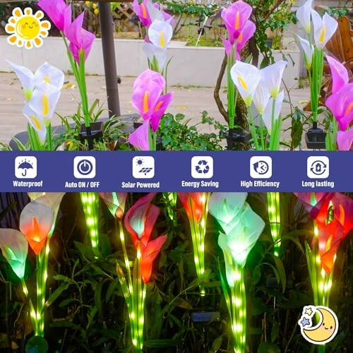 Colorful solar-powered garden lights with waterproof and energy-saving features.