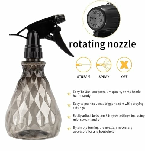 Spray bottle with rotating nozzle and instructions.