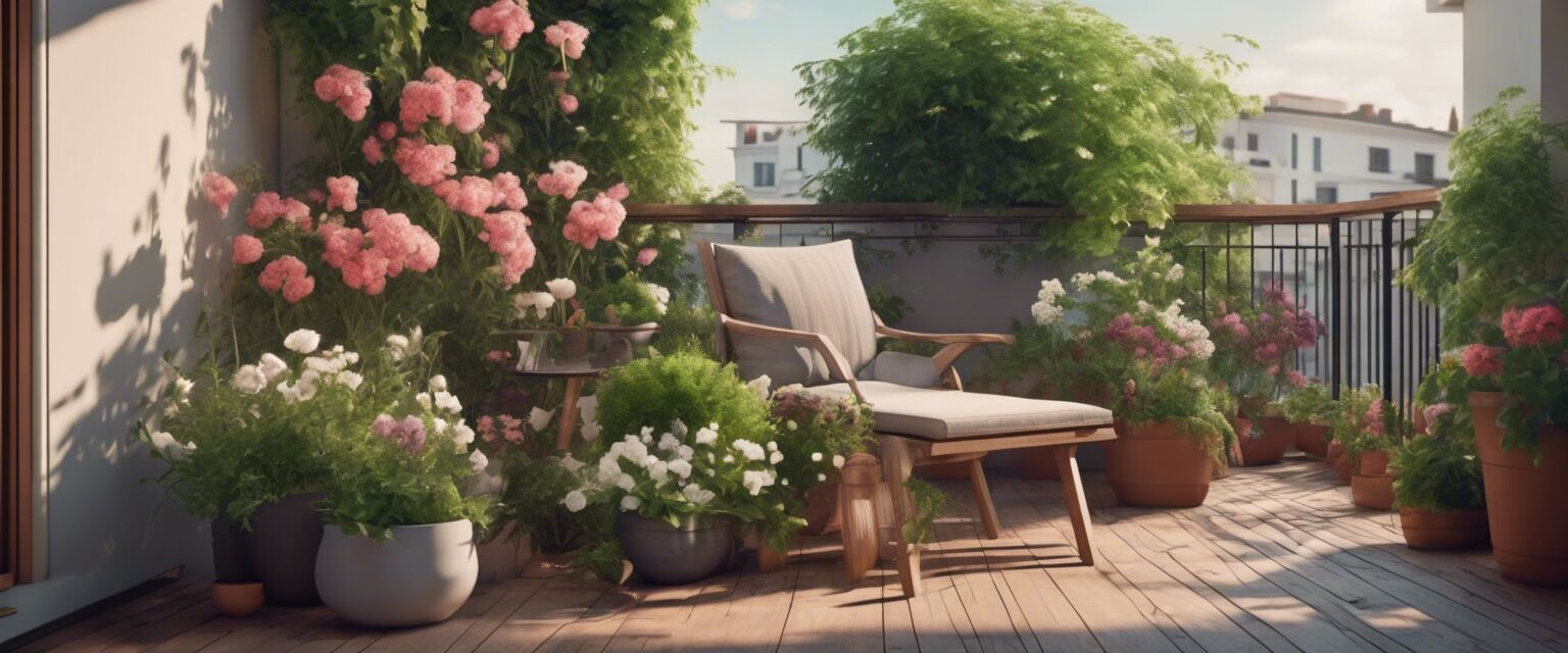 Spring balcony garden with blooming flowers and lush greenery