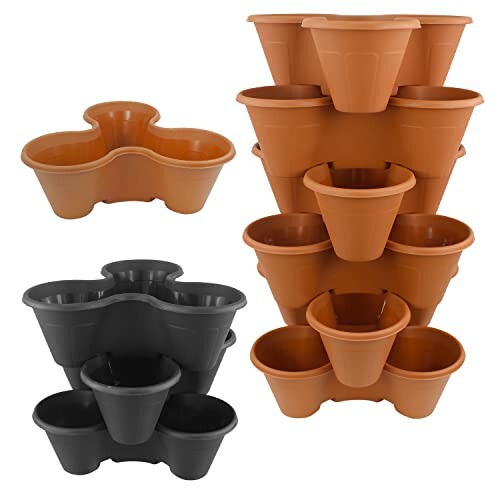 Stackable planter pots in terracotta and black colors