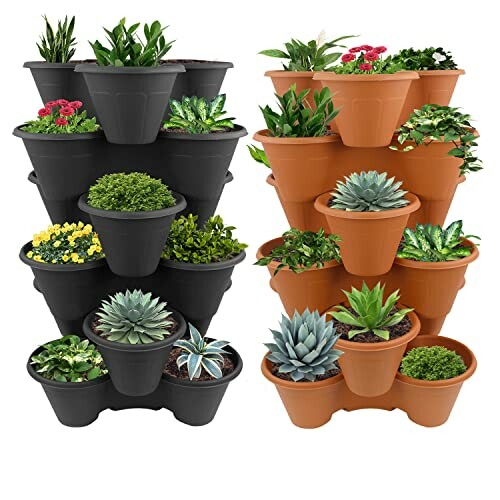 Stackable planters with various plants in black and terracotta colors.