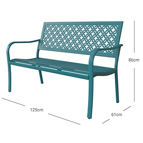 Teal metal garden bench with decorative backrest and dimensions.