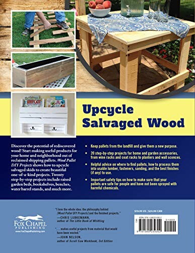 Back cover of a book titled 'Upcycle Salvaged Wood' featuring DIY projects and tips.