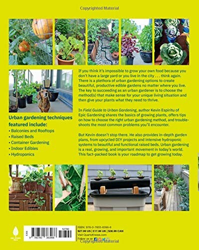 Back cover of a book on urban gardening with images of plants and gardening techniques.