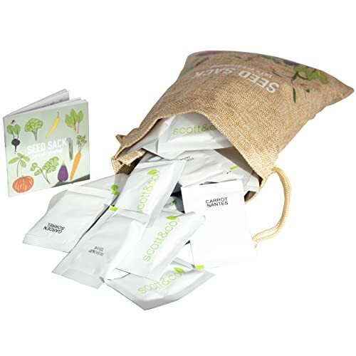 Burlap sack with vegetable seed packets spilling out