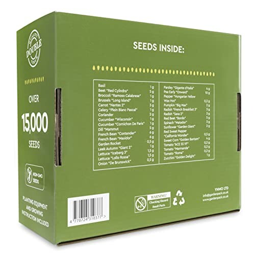 Back of a seed package listing various vegetable seeds included, such as basil, broccoli, and zucchini, totaling over 15,000 seeds.