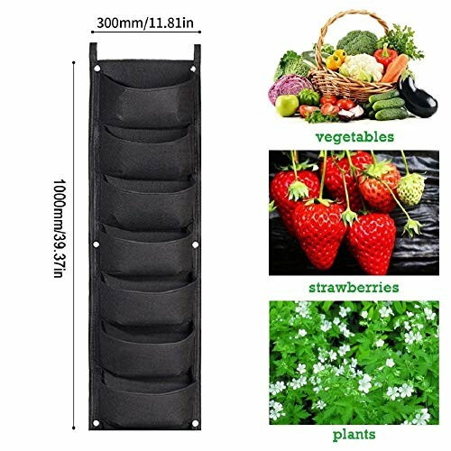 Vertical garden planter with pockets alongside images of vegetables, strawberries, and plants.