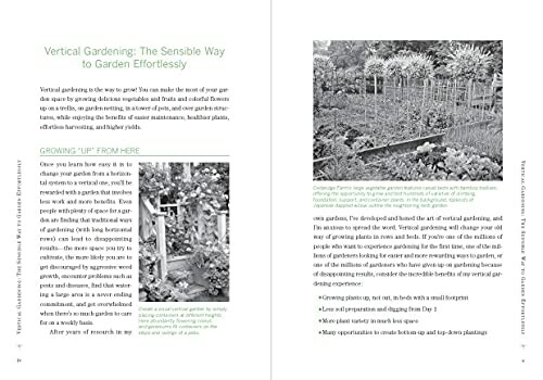 Pages from a book about vertical gardening with text and garden images.