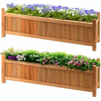 Two wooden planter boxes with colorful flowers