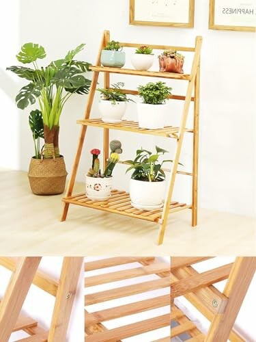 Three-tier wooden plant stand with potted plants indoors.