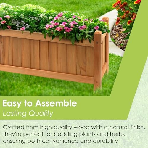 Wooden planter box with flowers, easy to assemble and lasting quality.