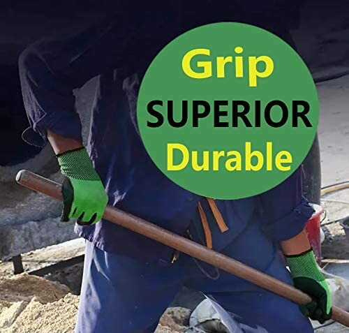 Worker wearing green gloves holding a tool with text: Grip Superior Durable.